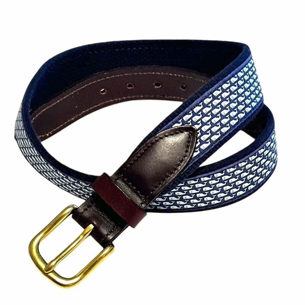 Vineyard Vines Whale Club Leather Belt Mens Size 30 Cowhide Solid Brass Buckle
